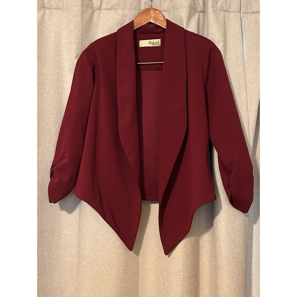 Hybrid Casual Blazer Open Front Ruched Sleeves, Wine, Size Large, 3/4 Sleeve